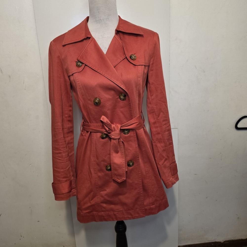Daisy Fuentes Women's Trench Coat Small Papaya Orange Belted Double Breasted